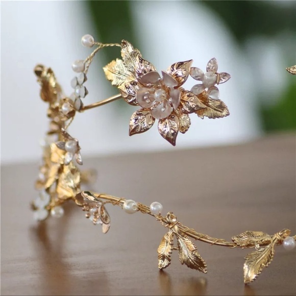 Gold Leaf Floral Wedding Tiara Hair Crown Accessories Handmade Bridal Headpiece main image 5